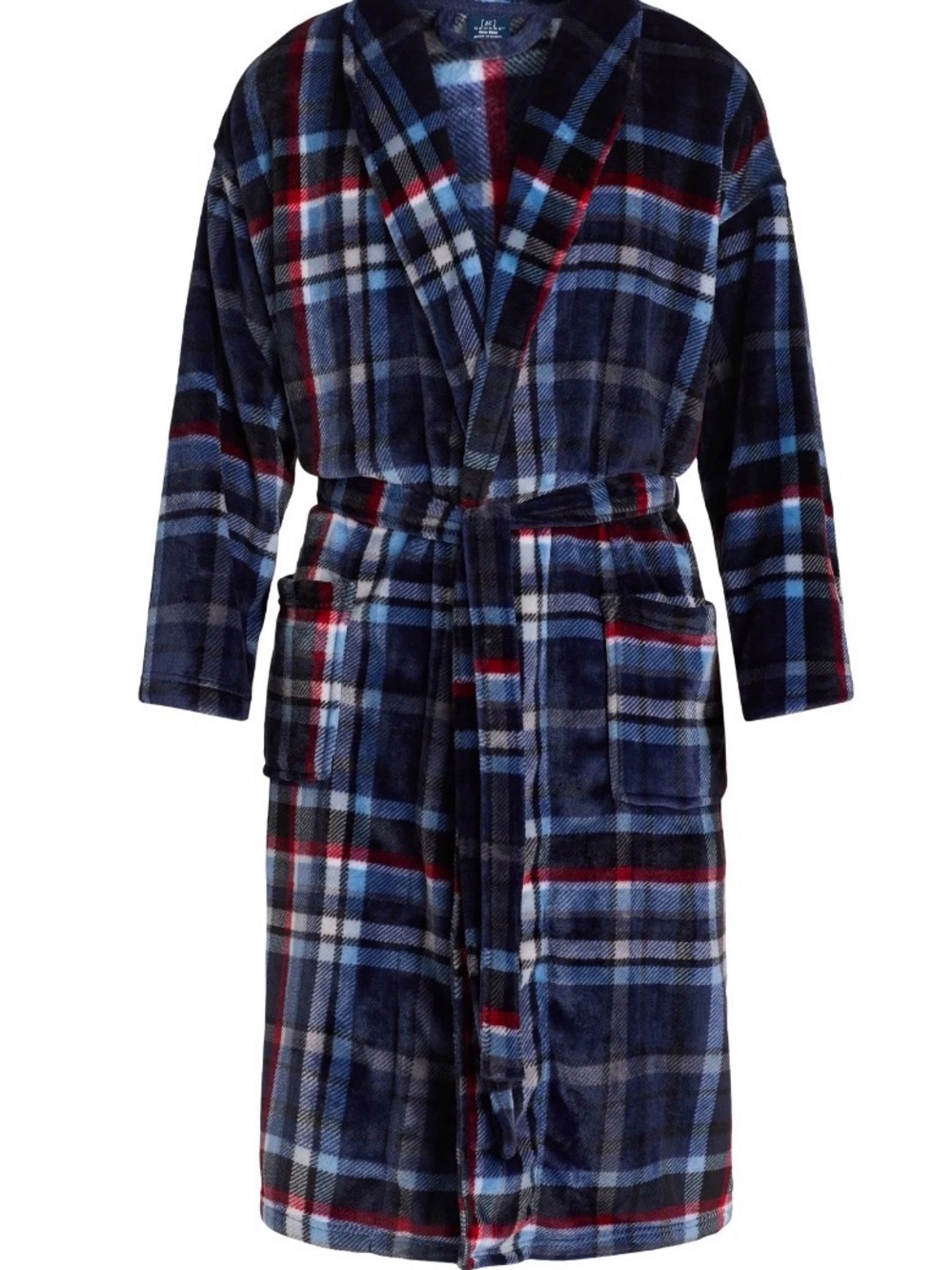 George Men's Navy Plaid Fleece Robe with Red & Light Blue Accents